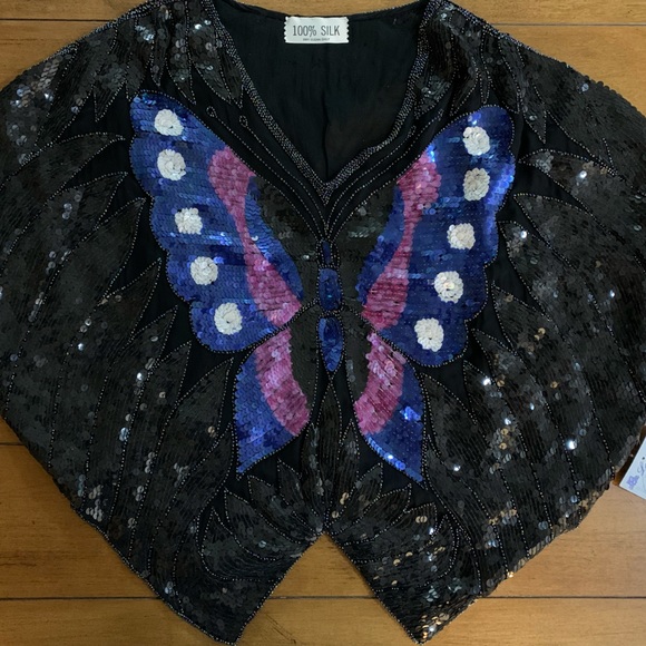 Loehmann’s Back Room sequined butterfly silk blouse - Picture 1 of 6